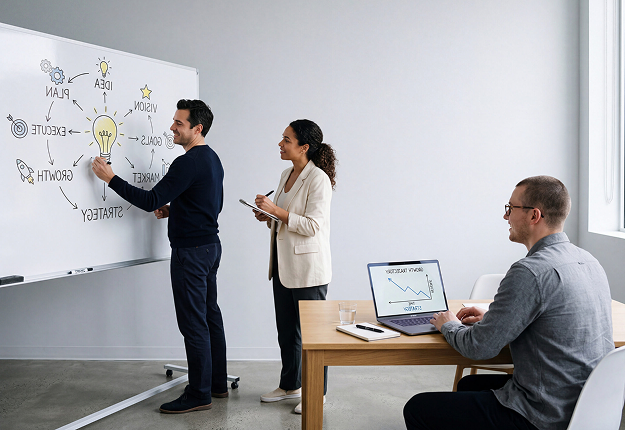 Product team collaborating around a whiteboard