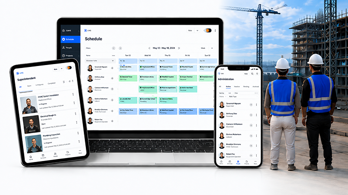Construction project management SaaS platform shown across desktop, tablet and mobile devices